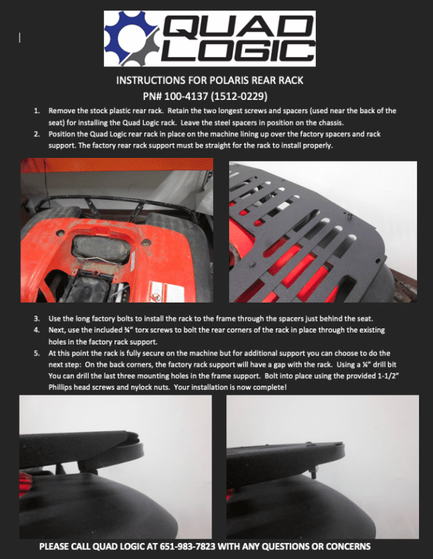 Polaris Rear Rack installation Instructions. Upgraded parts and accessories for Polaris ATV in stock. Fast and free shipping for all parts.